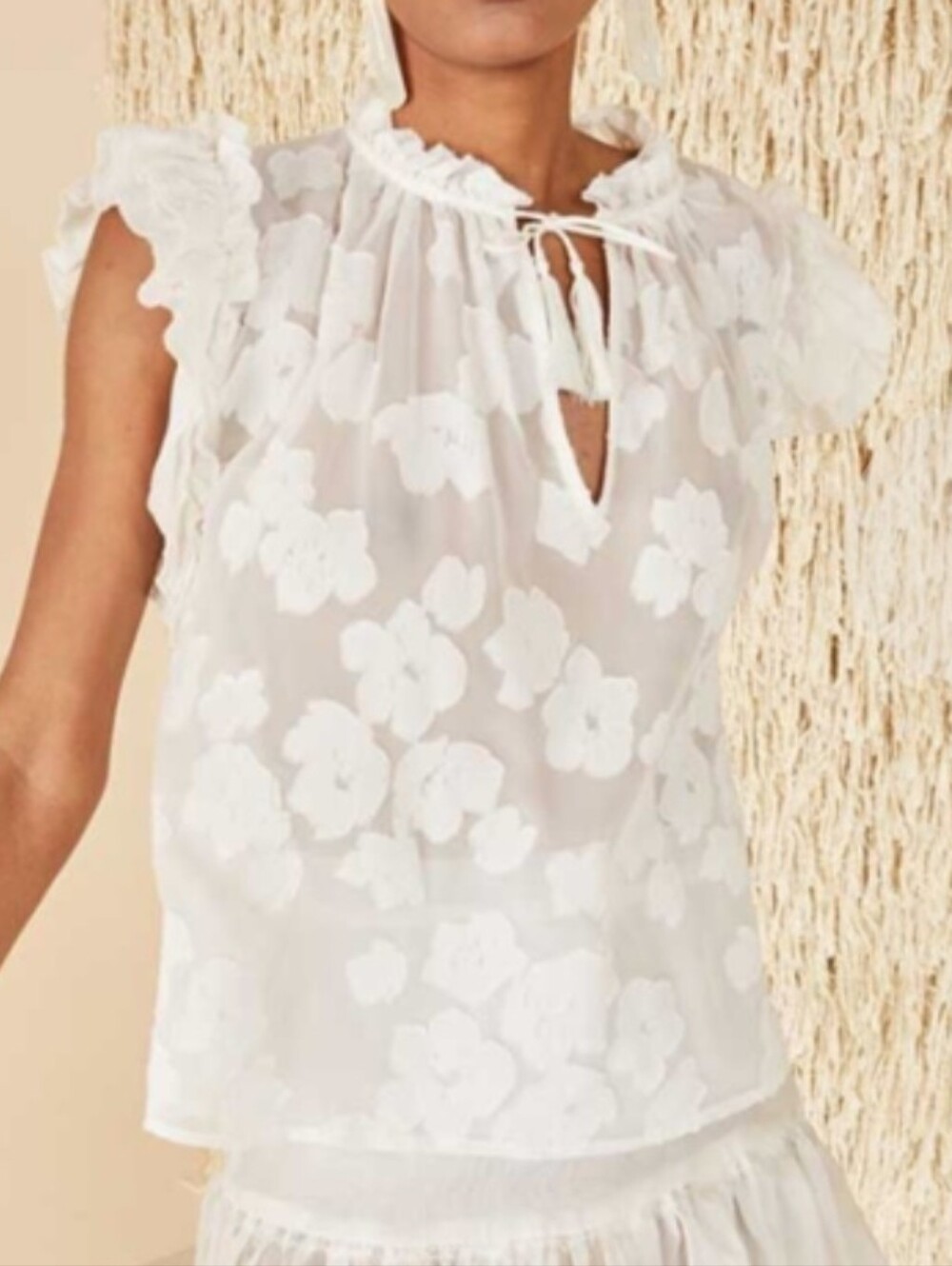 Ulla Johnson Reine Floral Fil Coupé Blouse Blanc White Flutter Sleeve Womens 8